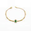 Gold Plated Bamboo Bar Link Bracelet with Side Oval Green Stone Halo Accent and Lobster Clasp