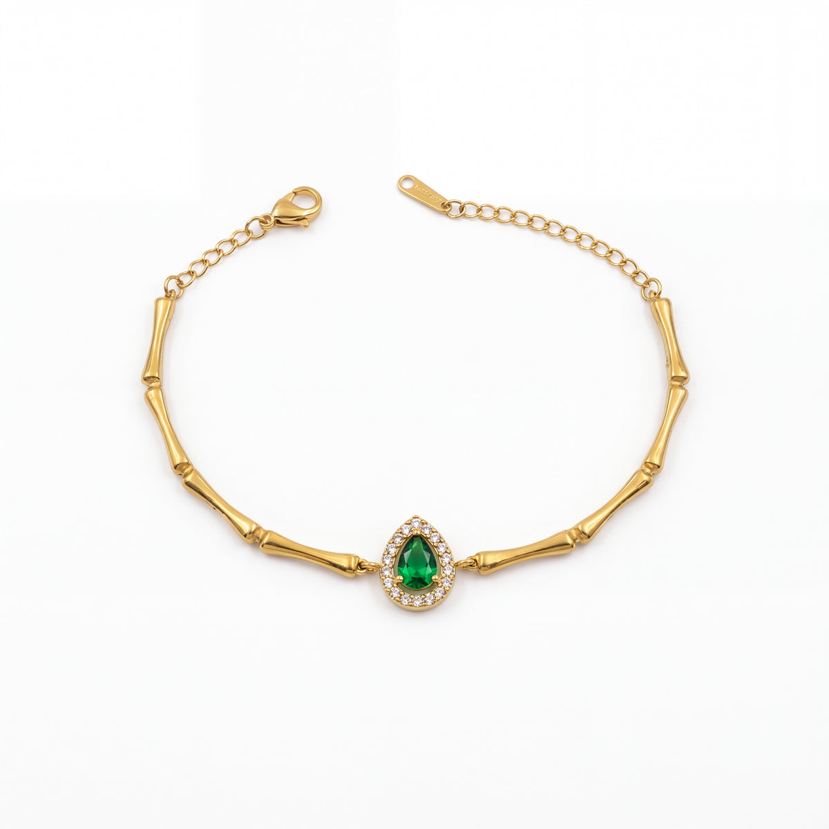 Gold Plated Bamboo Bar Link Bracelet with Side Oval Green Stone Halo Accent and Lobster Clasp