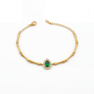 Gold Plated Bamboo Bar Link Bracelet with Side Oval Green Stone Halo Accent and Lobster Clasp
