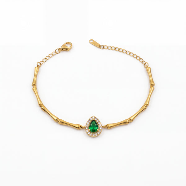 Gold Plated Bamboo Bar Link Bracelet with Side Oval Green Stone Halo Accent and Lobster Clasp