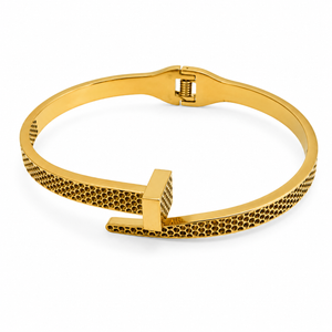 Gold Honeycomb Diamond Oval Kada for Women | Hexagonal Stone Pattern Stainless Steel Ladies Bangle | Geometric Luxury Jewellery