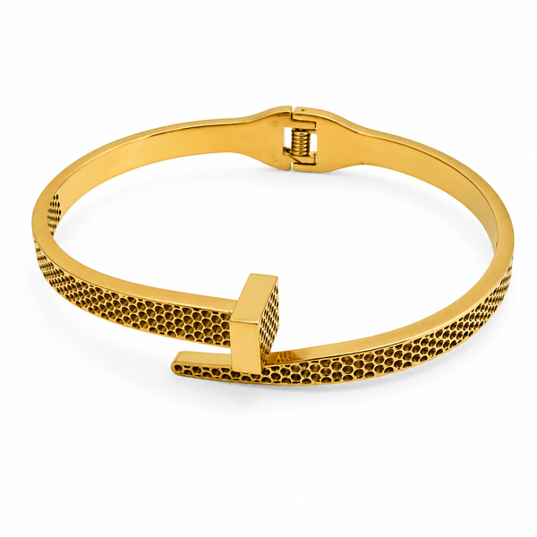Gold Honeycomb Diamond Oval Kada for Women | Hexagonal Stone Pattern Stainless Steel Ladies Bangle | Geometric Luxury Jewellery