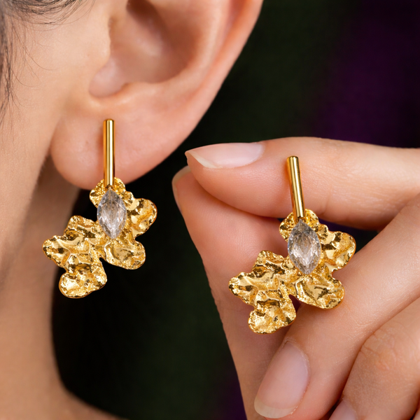 Anti-Tarnish Gold Plated Abstract Floral Crystal White Earrings