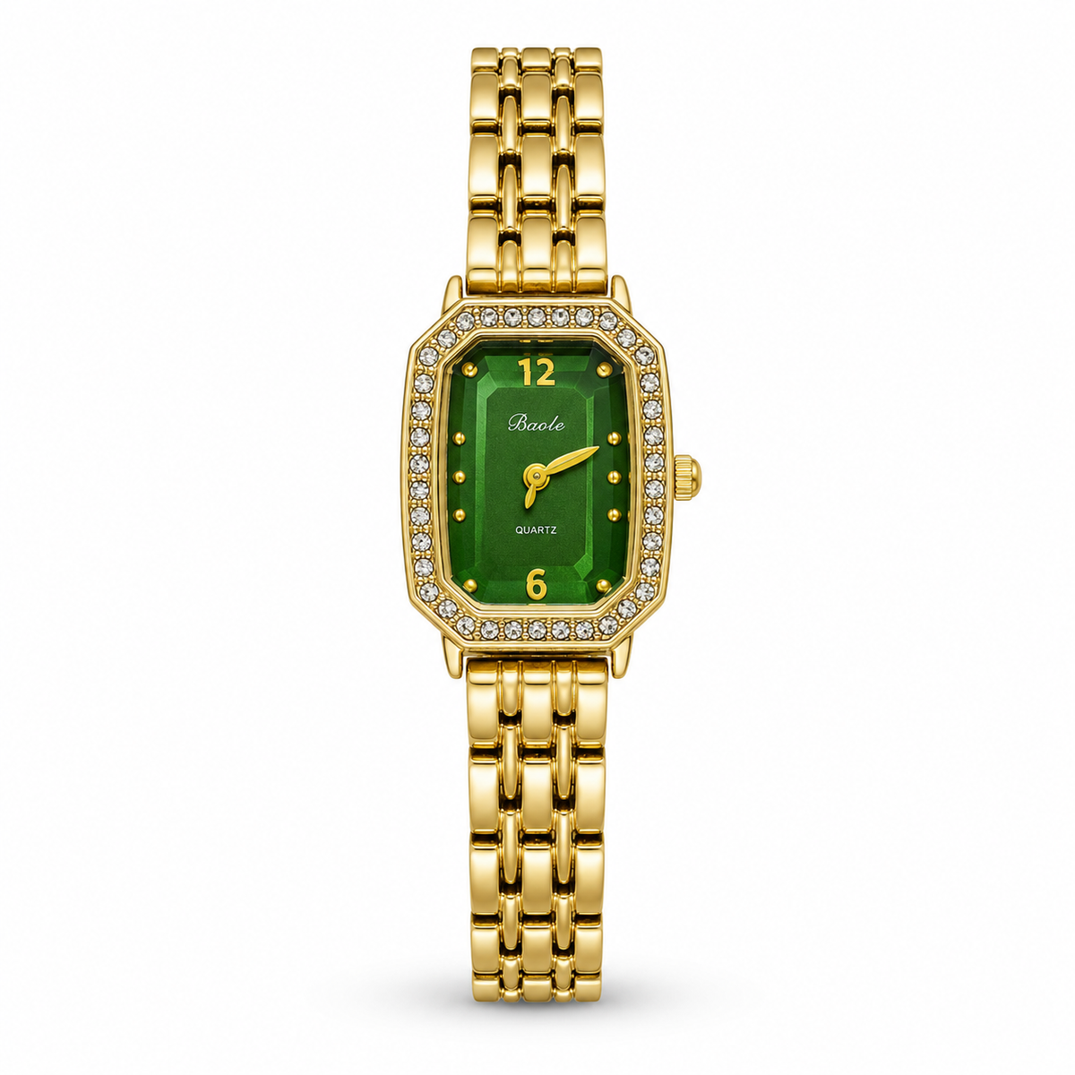 Watches Gold-Tone Rectangular Green Dial Crystal Studded Chain Bracelet Watch for Women