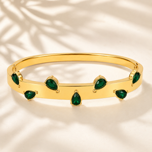 Real Teardrop Pear Emerald Green Stone Gold Oval Kada for Women | Prong Set Gemstone Stainless Steel Ladies Bangle | Premium Stone Festive Jewellery
