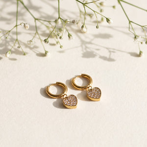 18K Gold Plated Pavé Heart Charm Hoop Earrings