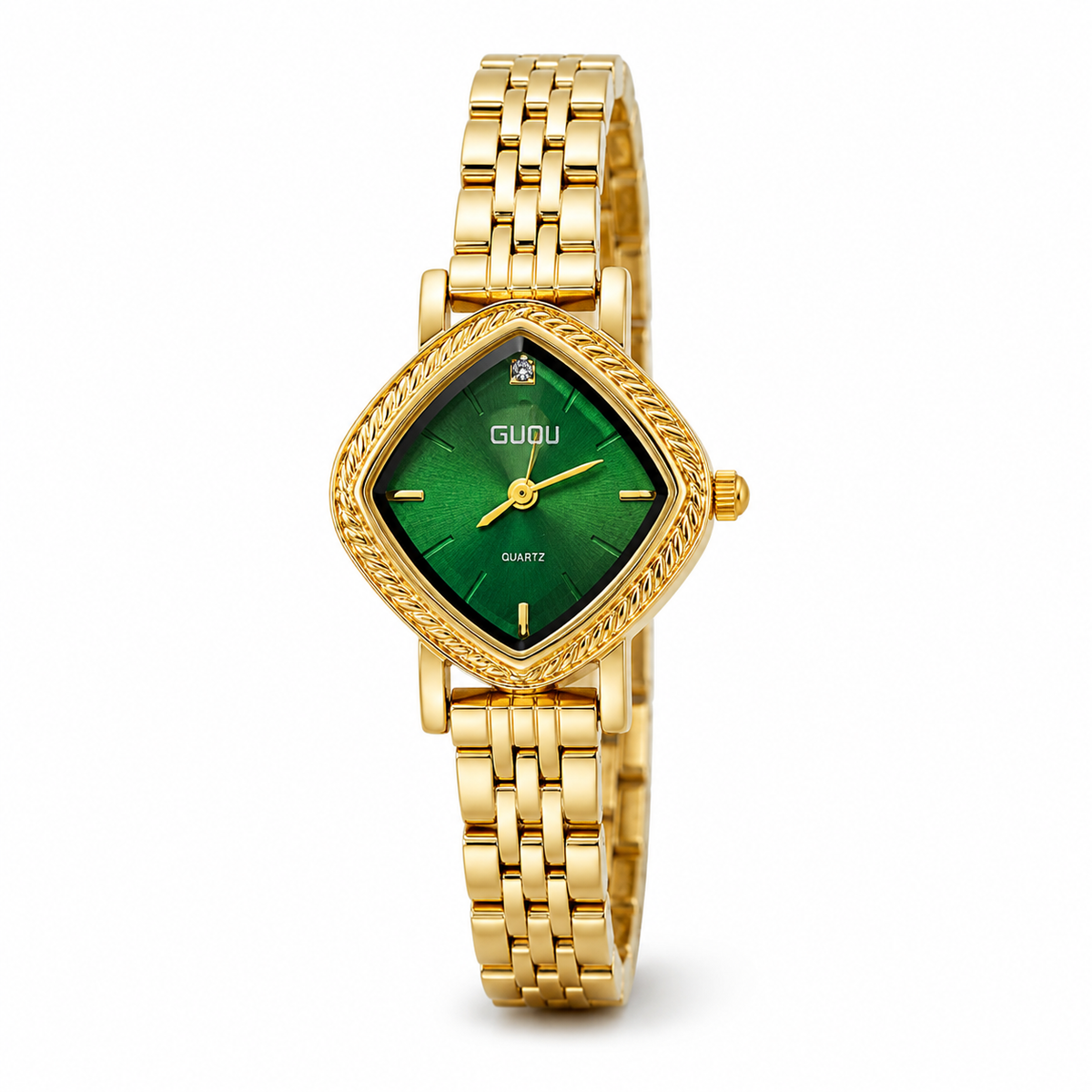 Watches Gold-Tone Cushion Green Dial Crystal Studded Bracelet Watch for Women