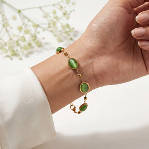 Gold Plated Green Oval Cabochon Stone Bezel Station Delicate Chain Bracelet with Lobster Clasp