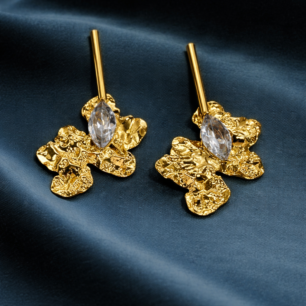 Anti-Tarnish Gold Plated Abstract Floral Crystal White Earrings