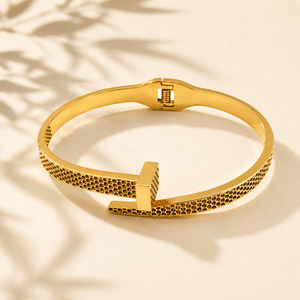 Gold Honeycomb Diamond Oval Kada for Women | Hexagonal Stone Pattern Stainless Steel Ladies Bangle | Geometric Luxury Jewellery