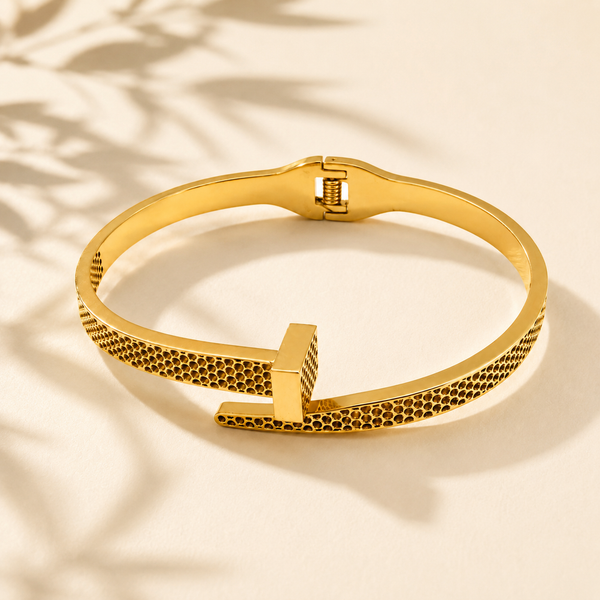 Gold Honeycomb Diamond Oval Kada for Women | Hexagonal Stone Pattern Stainless Steel Ladies Bangle | Geometric Luxury Jewellery