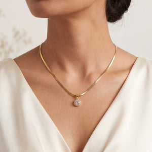 Gold Round Solitaire CZ Pendant Snake Chain Anti-Tarnish Necklace