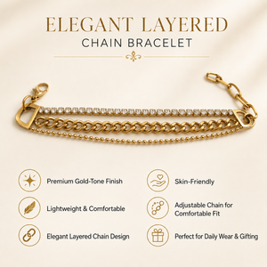 Gold Plated Triple Strand Bracelet with Curb Chain Center and Pave White Stone Side Chains