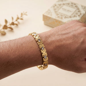 Greek Key Maze Pattern Slim Baby Kada Bangle | Gold Plated Engraved Vintage Bracelet for Women