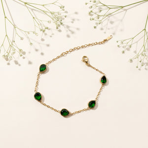 Gold Plated Green Teardrop Stone Bezel Station Chain Bracelet with Lobster Clasp