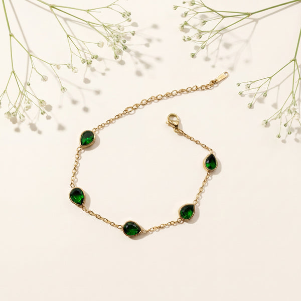 Gold Plated Green Teardrop Stone Bezel Station Chain Bracelet with Lobster Clasp