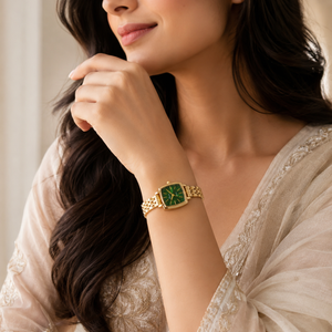 Watches Gold-Tone Square Green Dial Woven Mesh Bracelet Watch for Women