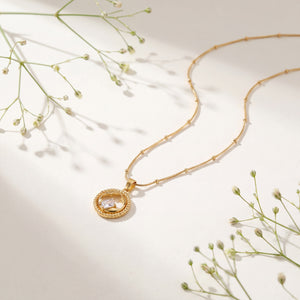 Gold Circle Frame Black & CZ Accent Pendant Chain Anti-Tarnish Necklace