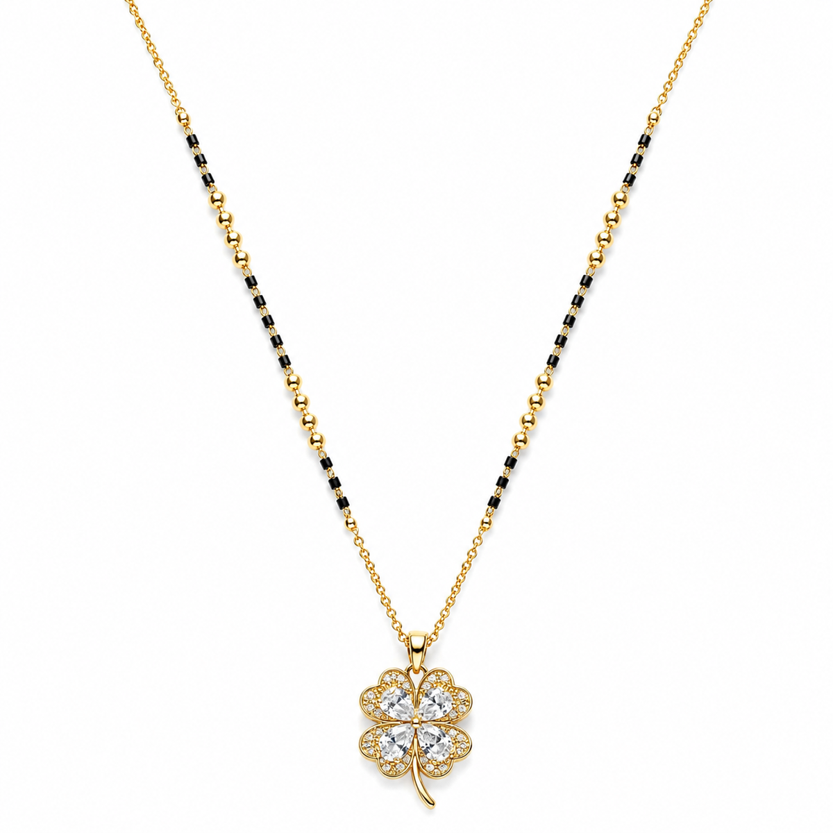 KZ Gold Plated 4 Leaf Clover CZ Mangalsutra for Women Black Bead Chain with White Stone Pendant FS