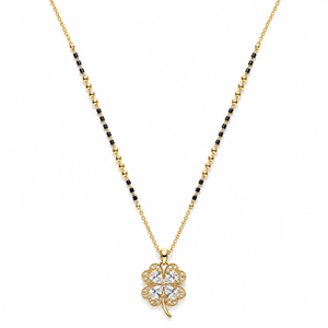 KZ Gold Plated 4 Leaf Clover CZ Mangalsutra for Women Black Bead Chain with White Stone Pendant FS