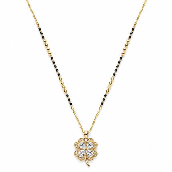 KZ Gold Plated 4 Leaf Clover CZ Mangalsutra for Women Black Bead Chain with White Stone Pendant FS