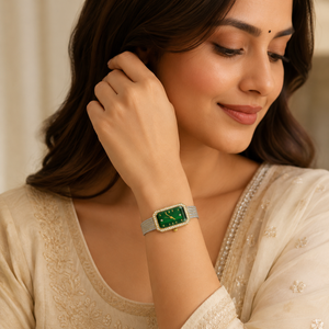 Watches Two-Tone Rectangular Green Dial Crystal Studded Bezel Bracelet Watch for Women