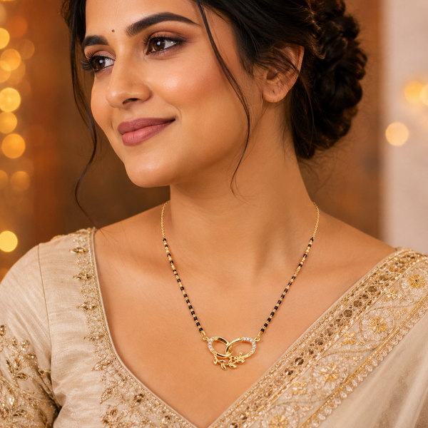 KZ Gold Plated Linked Rings Vine CZ Mangalsutra for Women Black Bead Chain Double Circle Pendant FS