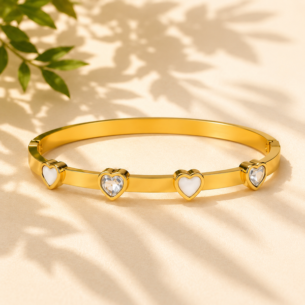 Gold Heart Shape Diamond Oval Kada for Women | Raised Heart Motif Stainless Steel Ladies Bangle | Romantic Festive Jewellery