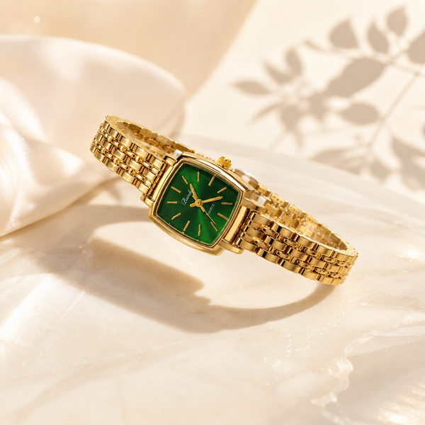 Watches Gold-Tone Square Green Dial Woven Mesh Bracelet Watch for Women