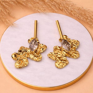 Anti-Tarnish Gold Plated Floral White Crystal Earrings on decorative white plate - House of Viya