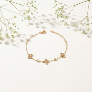 Gold Plated Pave White Stone Quatrefoil Clover Charm Station Chain Bracelet with Lobster Clasp