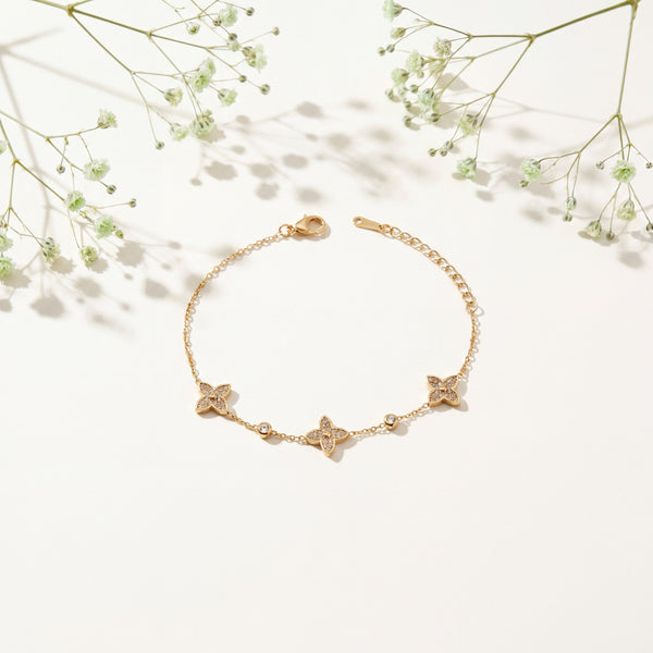 Gold Plated Pave White Stone Quatrefoil Clover Charm Station Chain Bracelet with Lobster Clasp