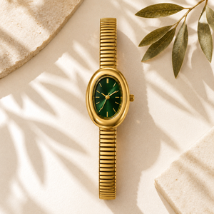 Watches Gold-Tone Oval Green Dial Minimalist Stretch Bracelet Watch for Women