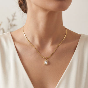 Gold Rectangular Baguette CZ Pendant Snake Chain Anti-Tarnish Necklace