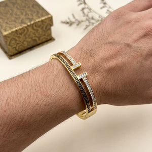 Greek Key Open Dual Band Baby Kada Bangle | Gold Plated Vintage Cuff Bracelet for Women