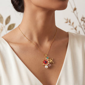 Gold Red Enamel Floral Cluster Pendant Chain Anti-Tarnish Necklace