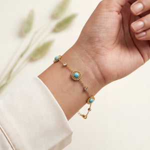 Gold Plated Delicate Chain Bracelet with Turquoise Round Halo Stations and White Stone Accents