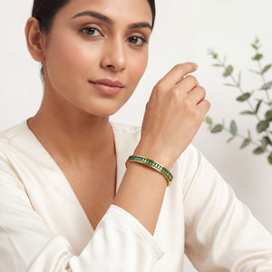 Slim Green Emerald Baguette Eternity Baby Kada Bangle | Gold Plated Stackable Bracelet for Women