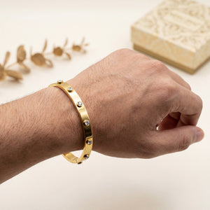 Three Stone Bezel CZ Slim Baby Kada Bangle | Gold Plated Solitaire Trio Bracelet for Women