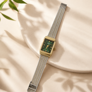Watches Two-Tone Rectangular Green Dial Roman Numeral Mesh Bracelet Watch for Women
