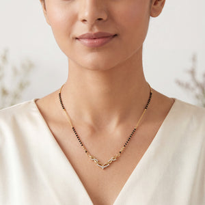 KZ Gold Plated Wing Feather CZ Mangalsutra for Women Black Bead Chain V Shape Bird Pendant FS