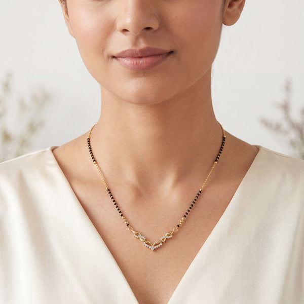 KZ Gold Plated Wing Feather CZ Mangalsutra for Women Black Bead Chain V Shape Bird Pendant FS