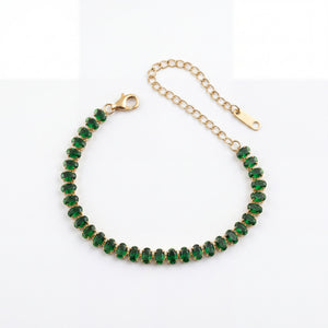 Gold Plated Continuous Oval Green Stone Tennis Bracelet with Adjustable Chain and Lobster Clasp