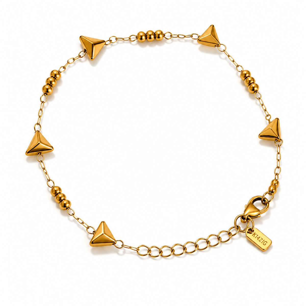 Gold Plated Pyramid Spike Bead Station Delicate Chain Bracelet with Lobster Clasp