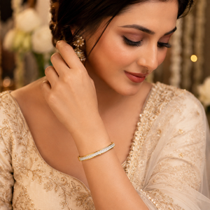Gold Wavy White Stone Oval Kada for Women | Twisted Diamond Cut Stainless Steel Ladies Bangle | Festive Party Wear Jewellery