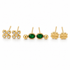 Earrings Gold Floral Cluster, Emerald Oval Drop & Textured Clover Stud Earrings Set of 3 Pairs