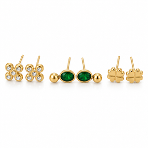 Earrings Gold Floral Cluster, Emerald Oval Drop & Textured Clover Stud Earrings Set of 3 Pairs