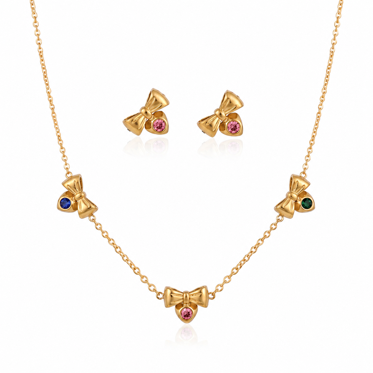 Anti tranish Gold plated 150 No. Minimal Multi Color Bow drop pendant Chain with Studd bow earring for adults - 1 Pc