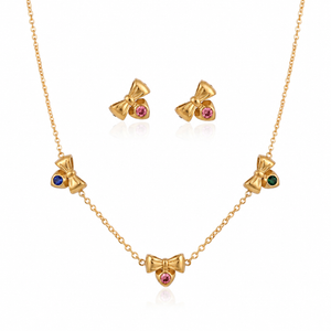 Anti tranish Gold plated 150 No. Minimal Multi Color Bow drop pendant Chain with Studd bow earring for adults - 1 Pc