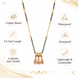 KZ Gold Plated Temple 3 Drop CZ Mangalsutra for Women Black Bead Chain Traditional Bar Pendant FS